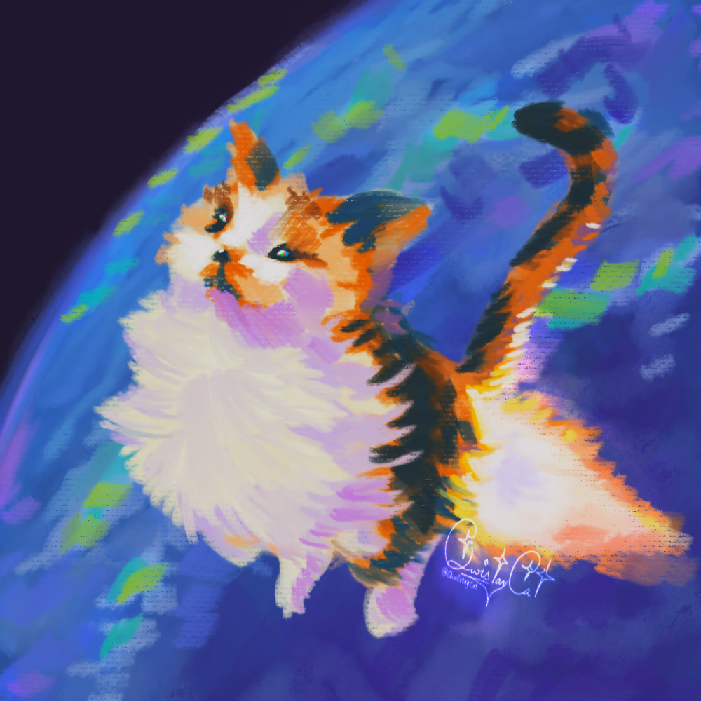 Painting of a calico cat leaping past a blue planet