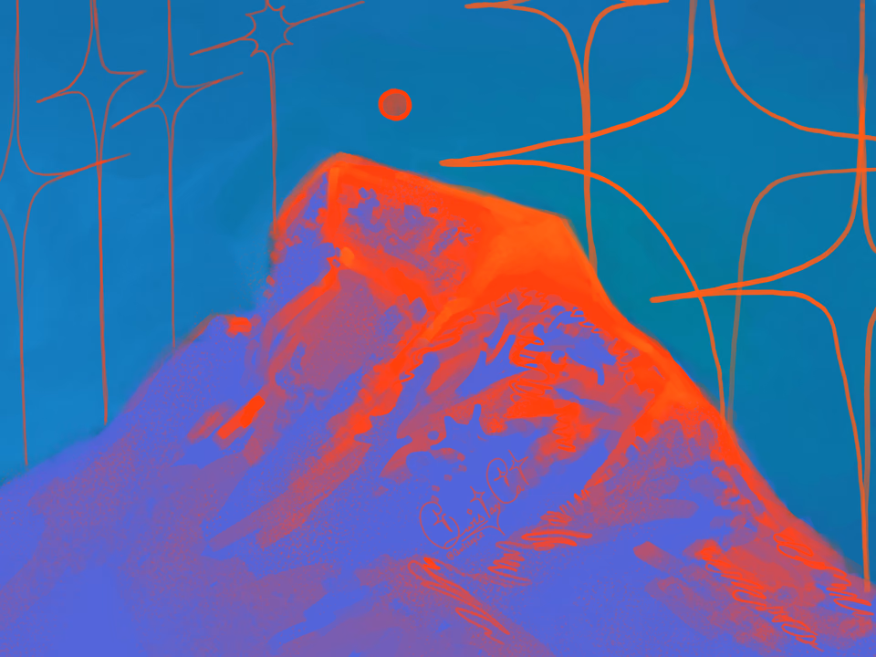 Painting of a red mountain under a teal sky
