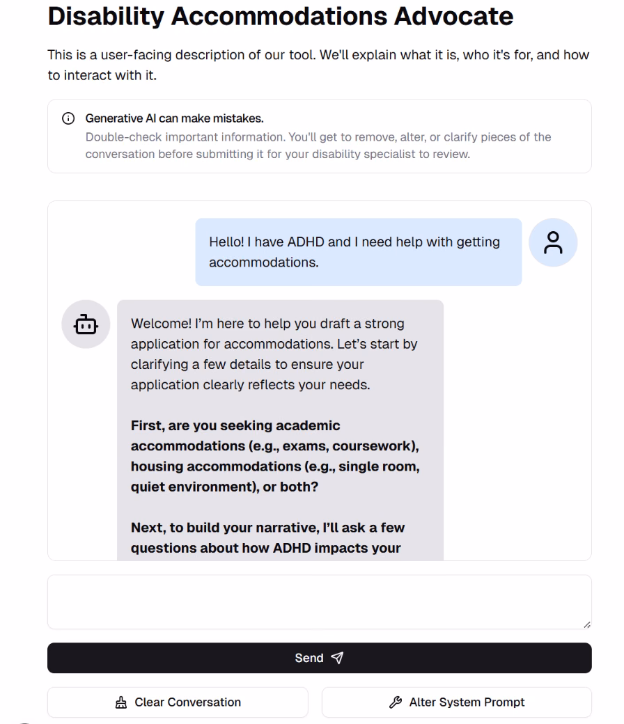 The intake tool: a student says they have ADHD and need help getting accommodations, and the model starts asking what the application needs