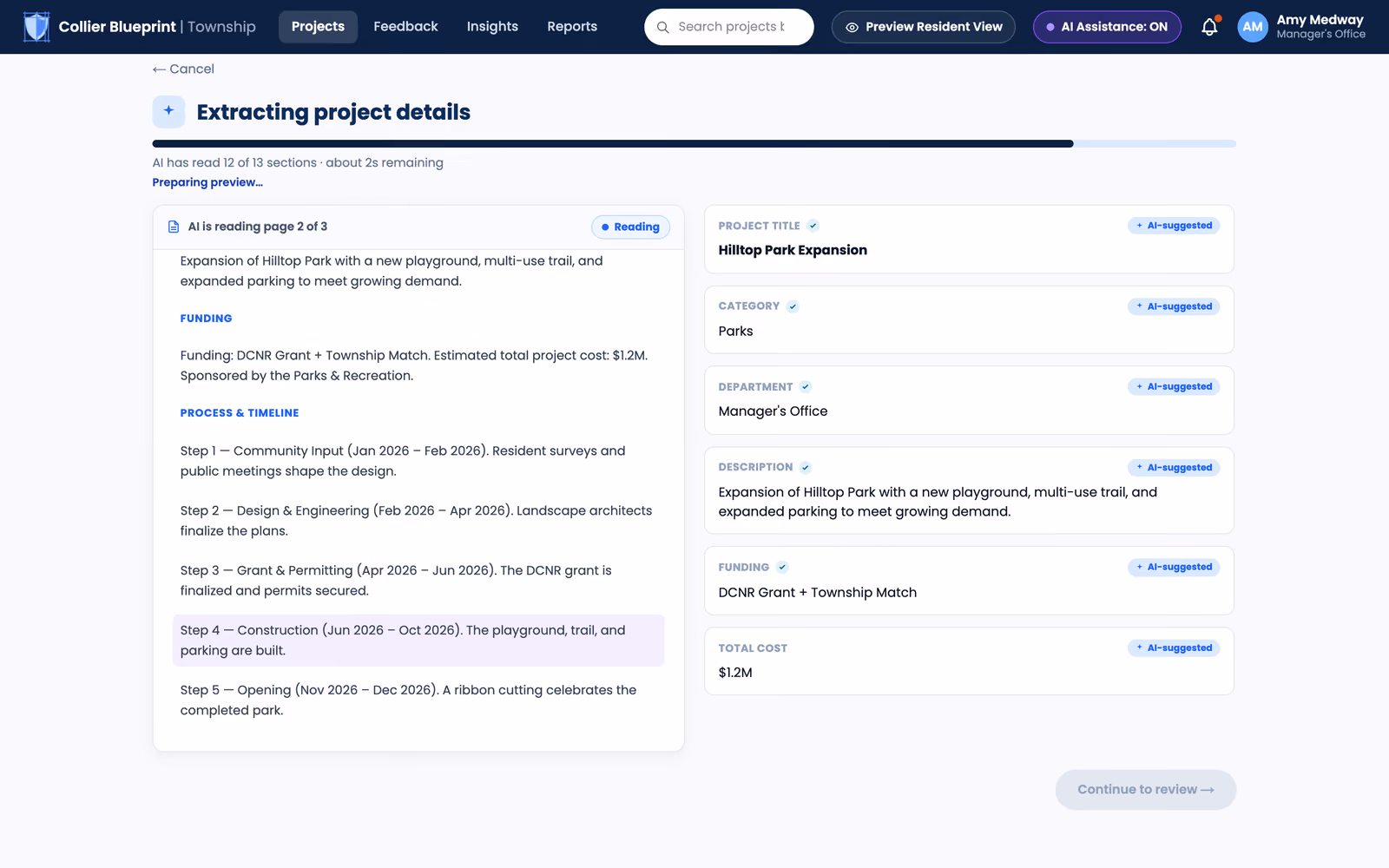 Project upload flow with the source document on the left and AI suggested fields on the right
