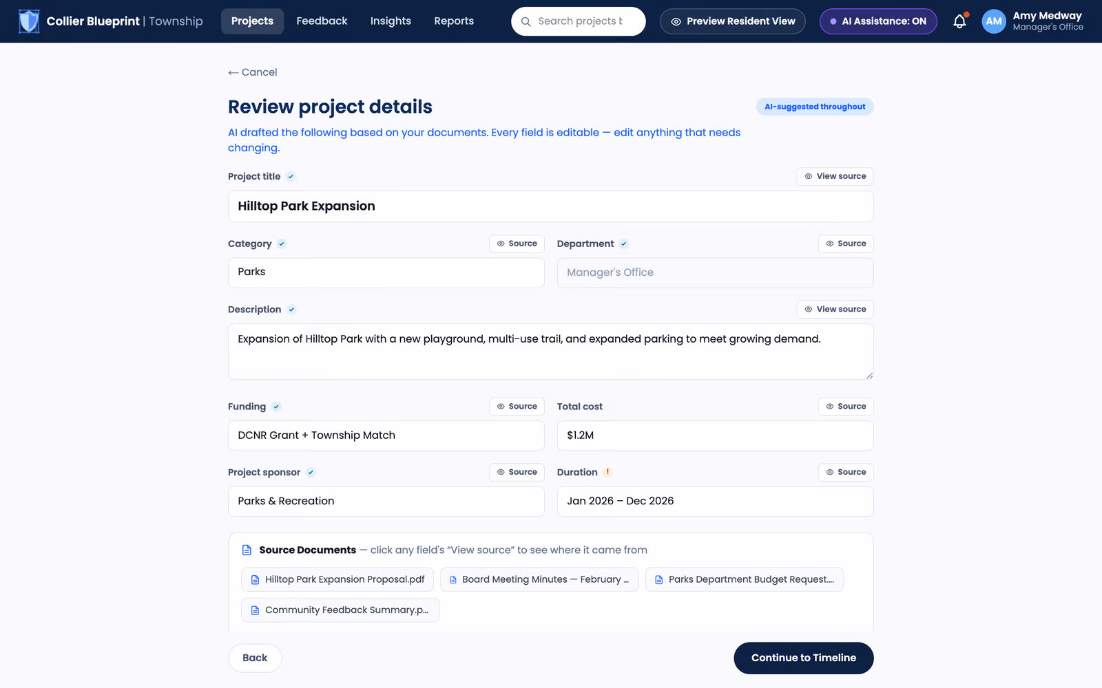 Review step with a View source link on each field and the list of source documents