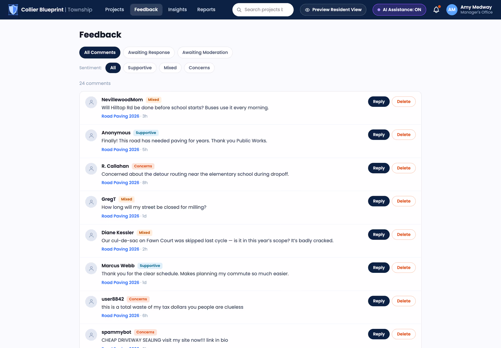 Township feedback queue with comments classified by sentiment and moderation controls