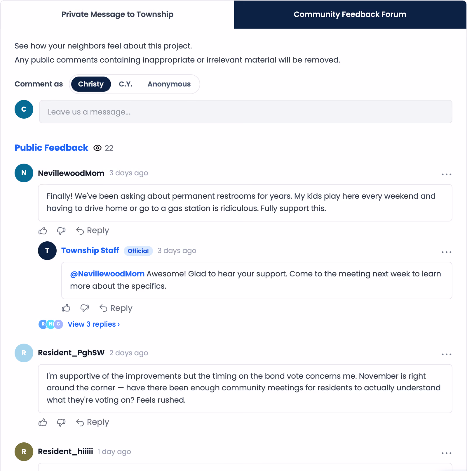 Community feedback forum with name display options, threaded replies, and an official township staff reply