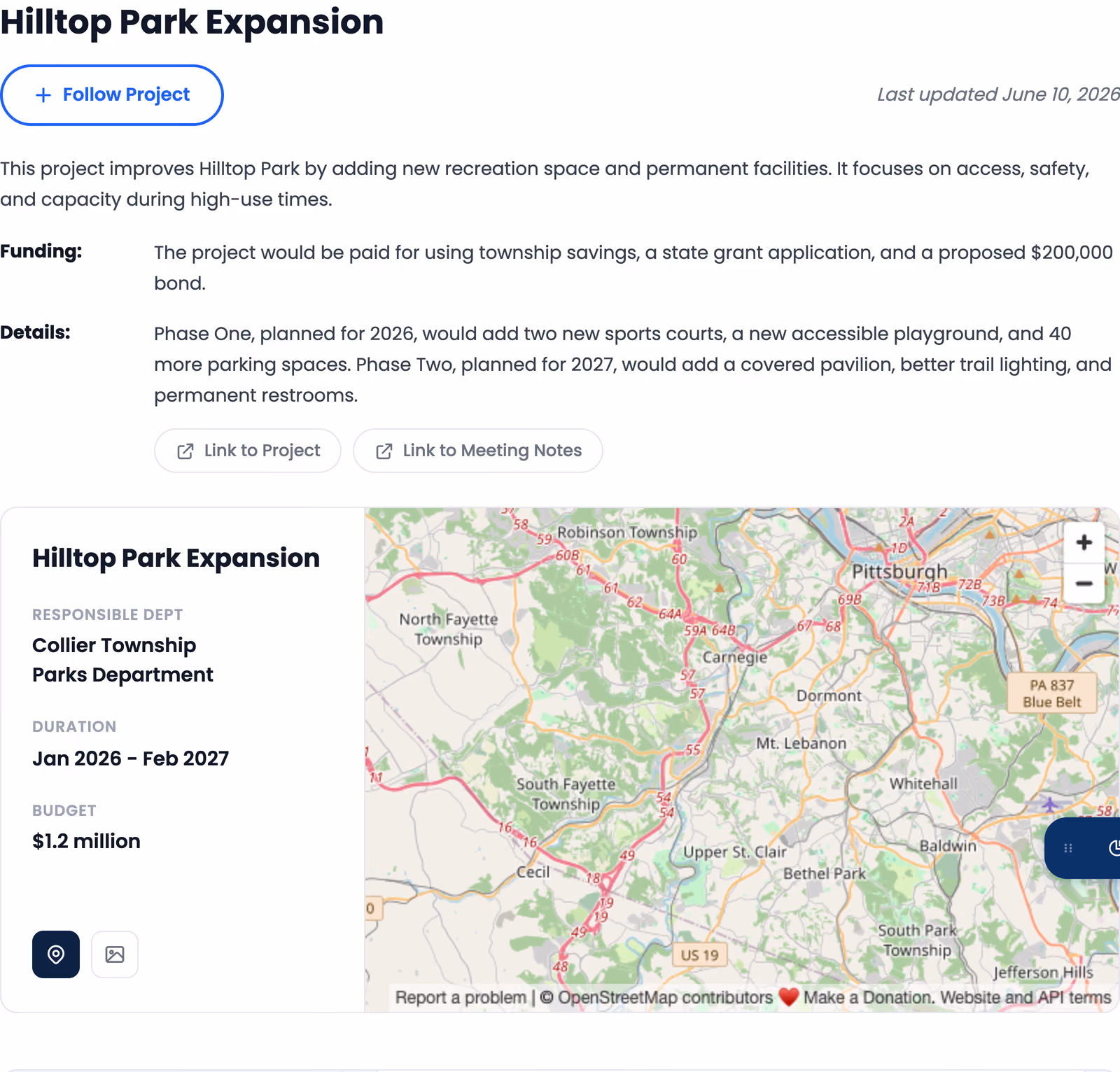 Project overview showing summary, funding, responsible department, duration, budget and a map of the affected area