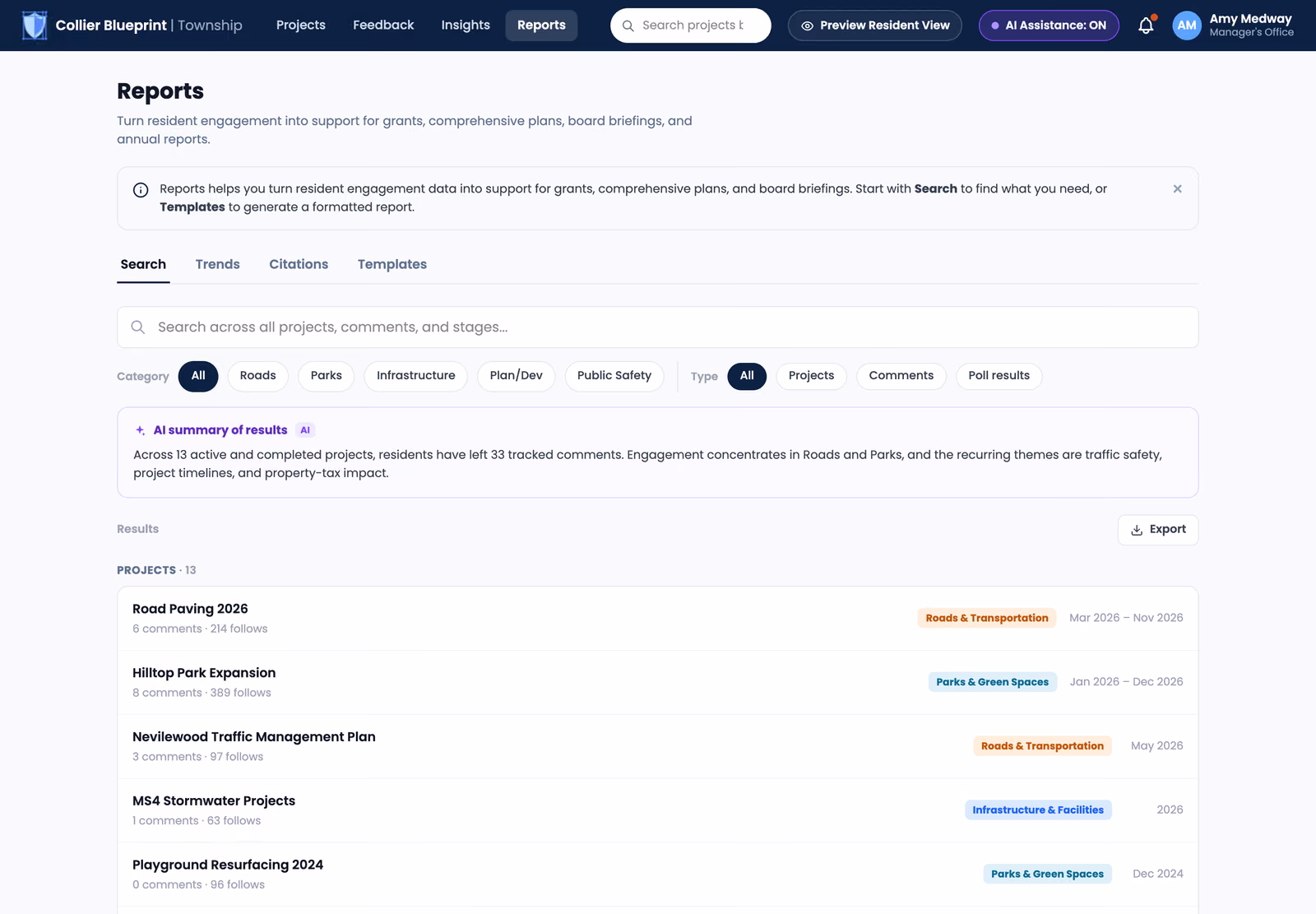 Reports section with search across projects, comments and polls, and report templates