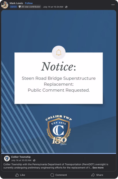 A township social media notice asking for public comment on a bridge replacement