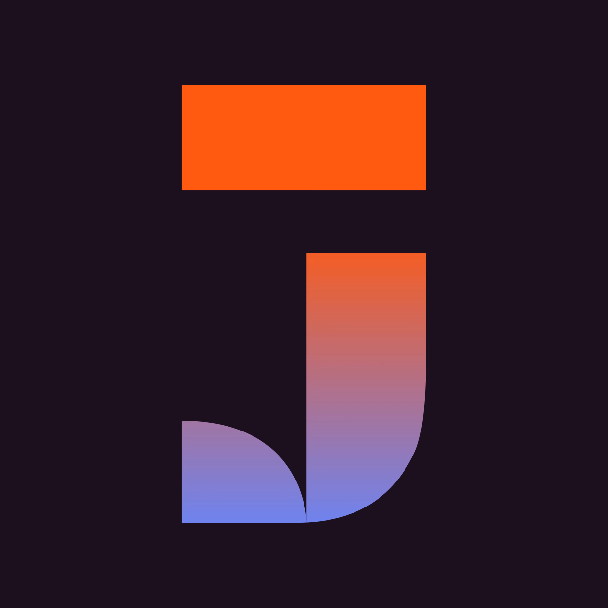 The JAFFX J drawn as a single slab, split by a horizontal cut near the top and a curved cut at the foot, filled with the orange to periwinkle gradient.